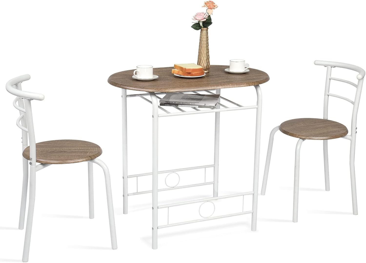 VINGLI 3 Piece Dining Set,Small Kitchen Table Set for 2,Breakfast Table Set,Kitchen Wooden Table and 2 Chairs for Small Space/Dining Room/Apartment,Metal Frame,Wine Rack,White&Light Oak