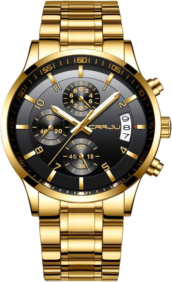 CRRJU Men's Fashion Stainless Steel Watches Date Waterproof Chronograph Wristwatches,Stainsteel Steel Band Waterproof Watch