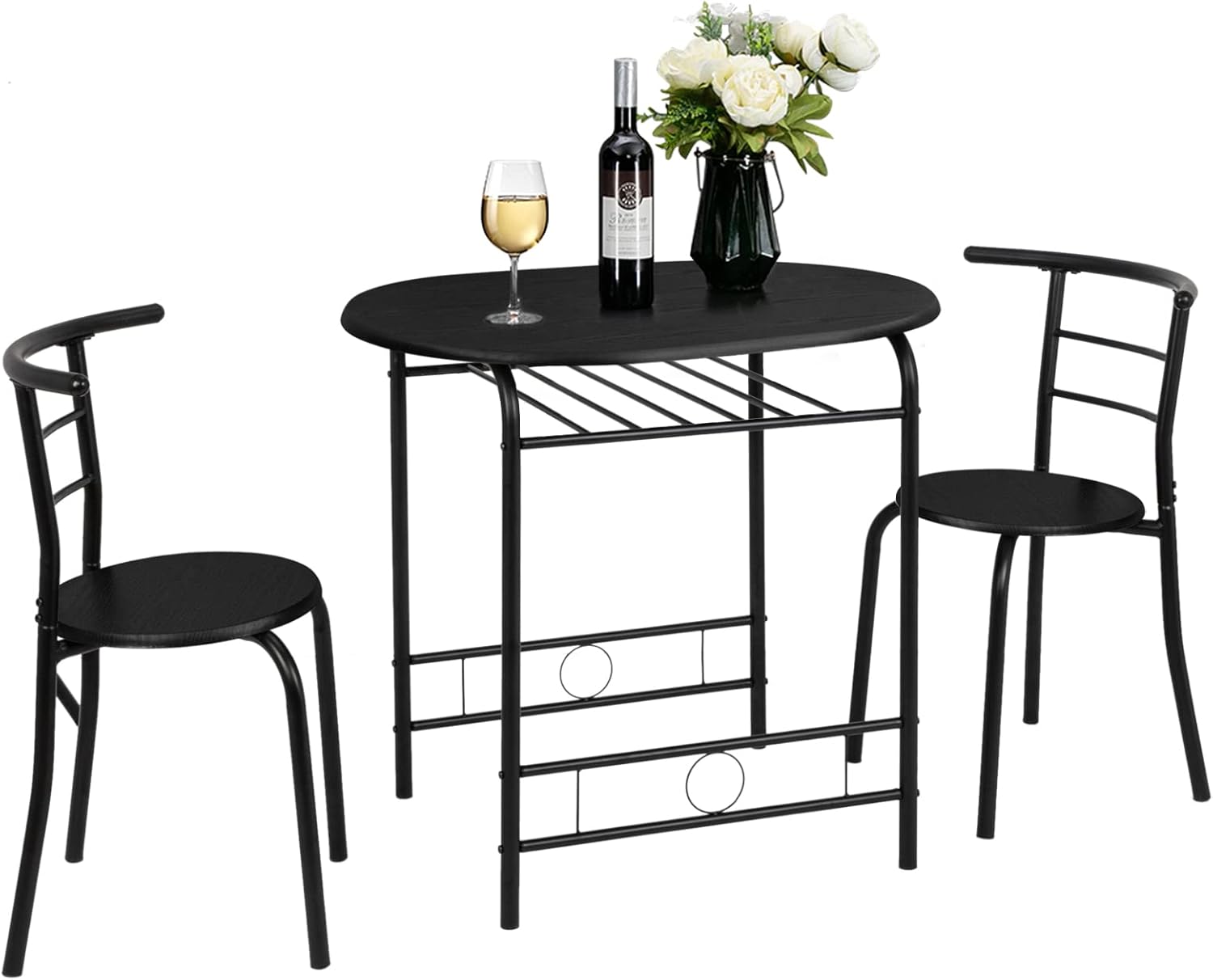 VINGLI 3 Piece Dining Set,Small Kitchen Table Set for 2,Breakfast Table Set,Kitchen Wooden Table and 2 Chairs for Small Space/Dining Room/Apartment,Metal Frame,Wine Rack,White&Light Oak