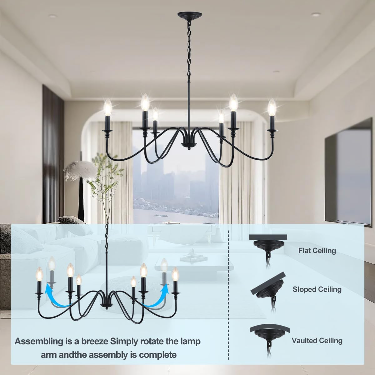 Black Chandelier,6-Light Rustic Industrial Iron Chandeliers for Dining Room Lighting Fixtures Hanging,Candle Hanging Hallway, Living Room, Foyer, Bedroom, Office, Bar,Island Lights