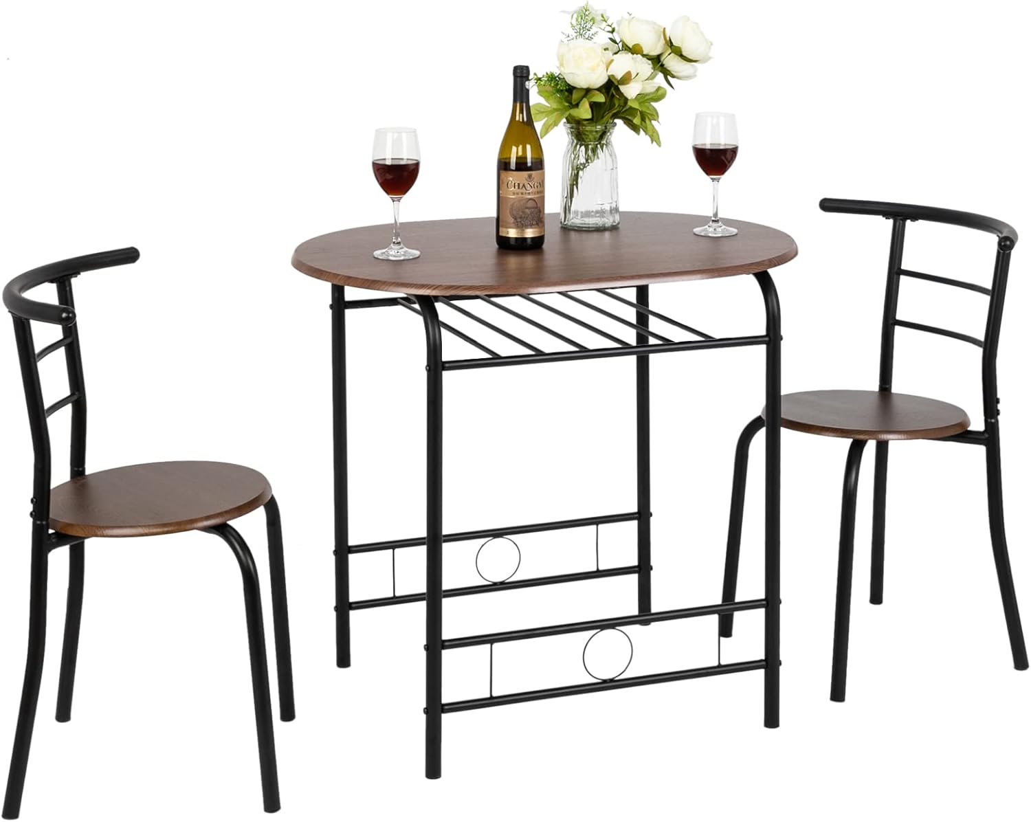 VINGLI 3 Piece Dining Set,Small Kitchen Table Set for 2,Breakfast Table Set,Kitchen Wooden Table and 2 Chairs for Small Space/Dining Room/Apartment,Metal Frame,Wine Rack,White&Light Oak