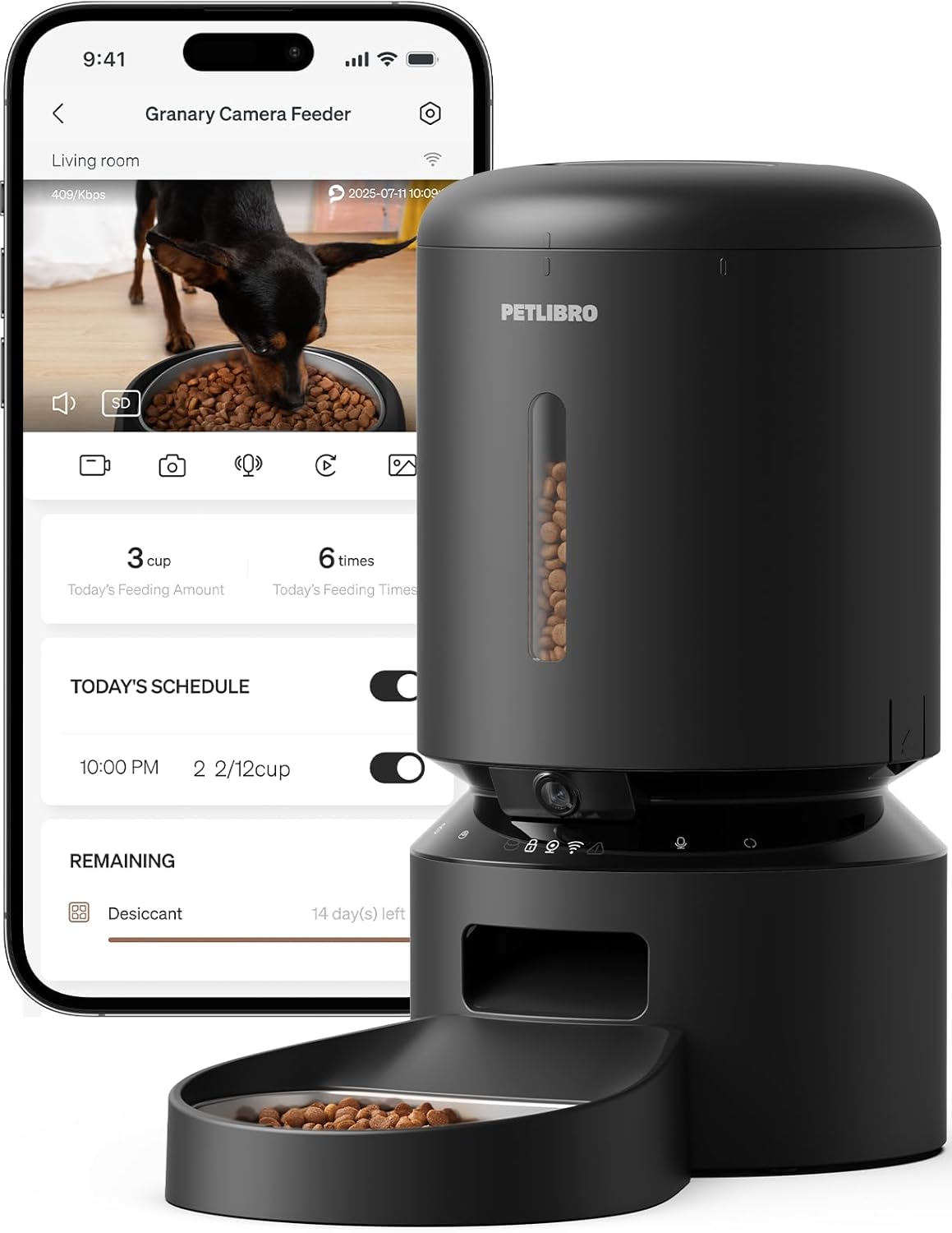 PETLIBRO Automatic Cat Feeder, Automatic Dog Food Dispenser with Freshness Preservation, Timed Pet Feeders for Dry Food, Up to 50 Portions 6 Meals Per Day, Granary Black