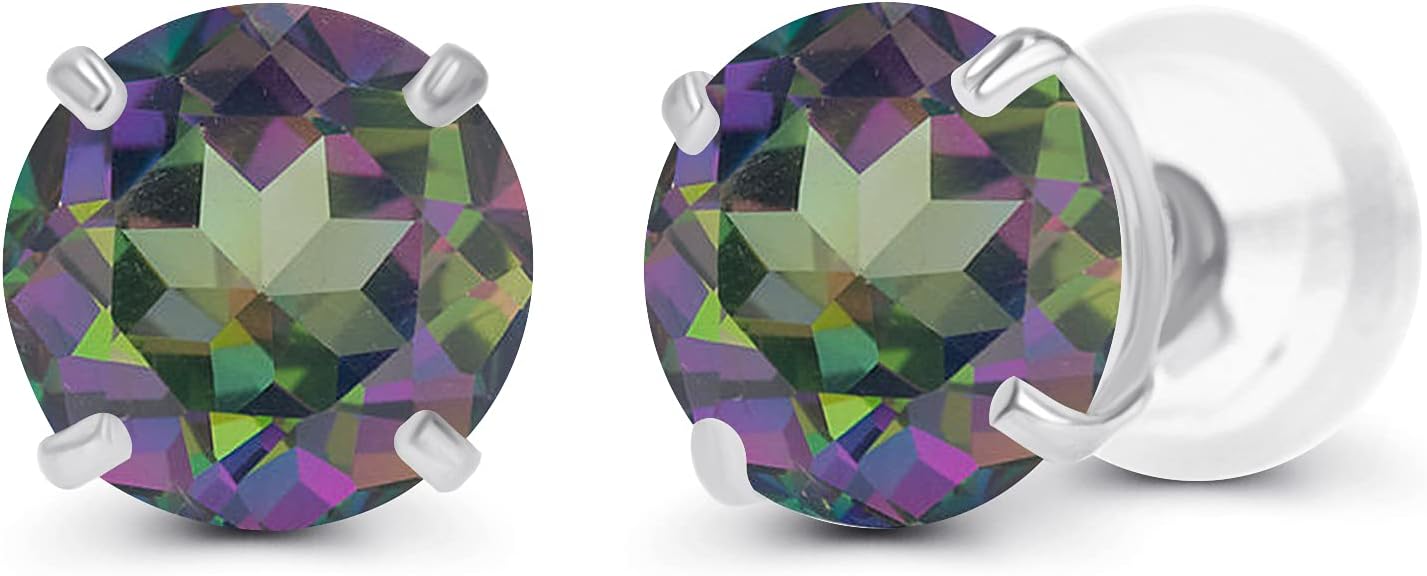 Solid 14K Yellow, White or Rose Gold 4mm Round Genuine Gemstone Birthstone Prong Set Stud Earrings For Women