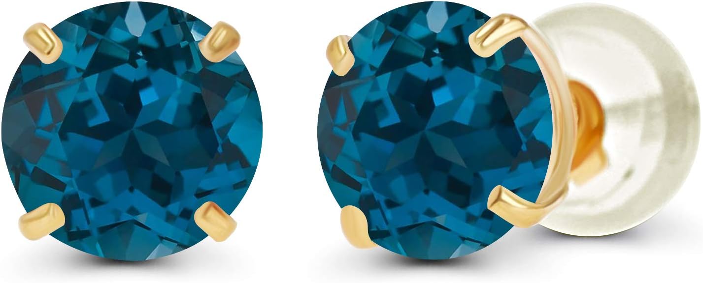 Solid 14K Yellow, White or Rose Gold 4mm Round Genuine Gemstone Birthstone Prong Set Stud Earrings For Women