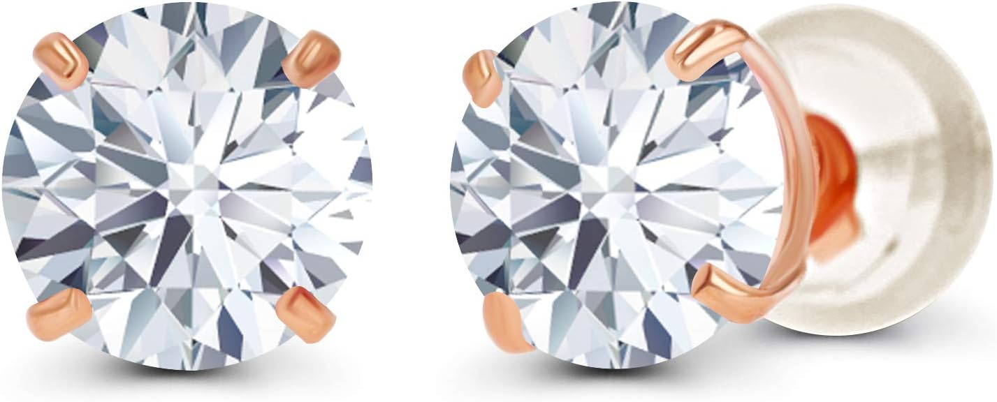 Solid 14K Yellow, White or Rose Gold 4mm Round Genuine Gemstone Birthstone Prong Set Stud Earrings For Women