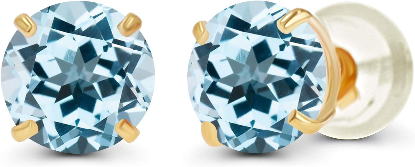 Solid 14K Yellow, White or Rose Gold 4mm Round Genuine Gemstone Birthstone Prong Set Stud Earrings For Women