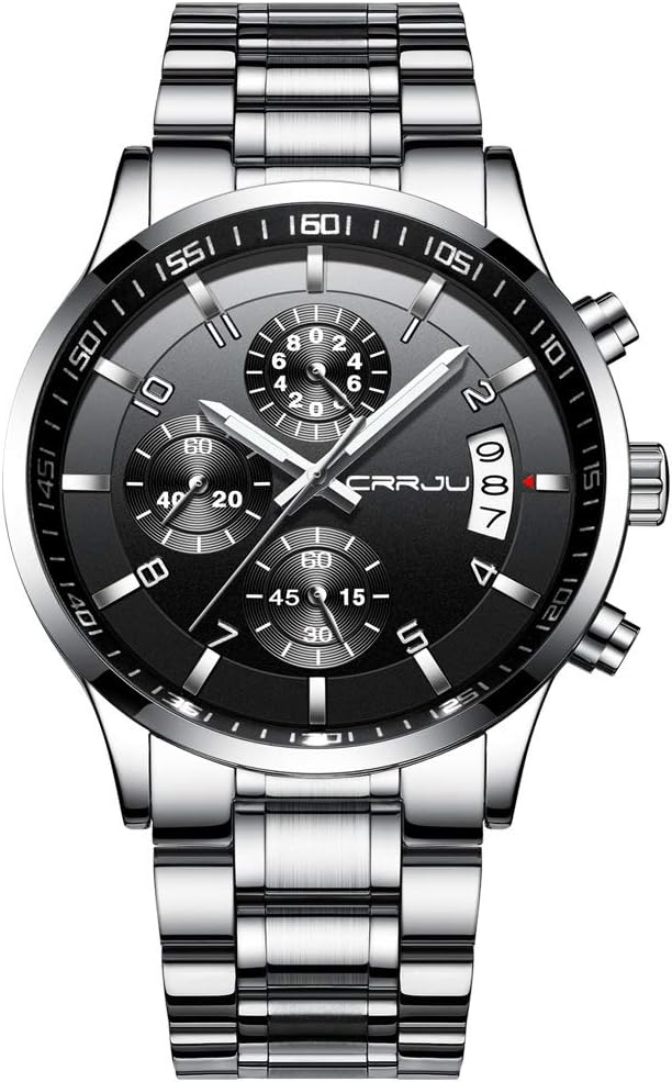CRRJU Men's Fashion Stainless Steel Watches Date Waterproof Chronograph Wristwatches,Stainsteel Steel Band Waterproof Watch