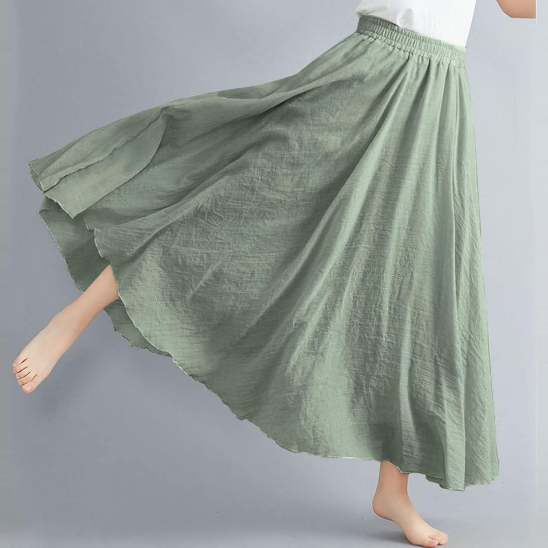 ASHER FASHION Women's Bohemian Style Elastic Waist Band Cotton Linen Long Maxi Skirt Dress