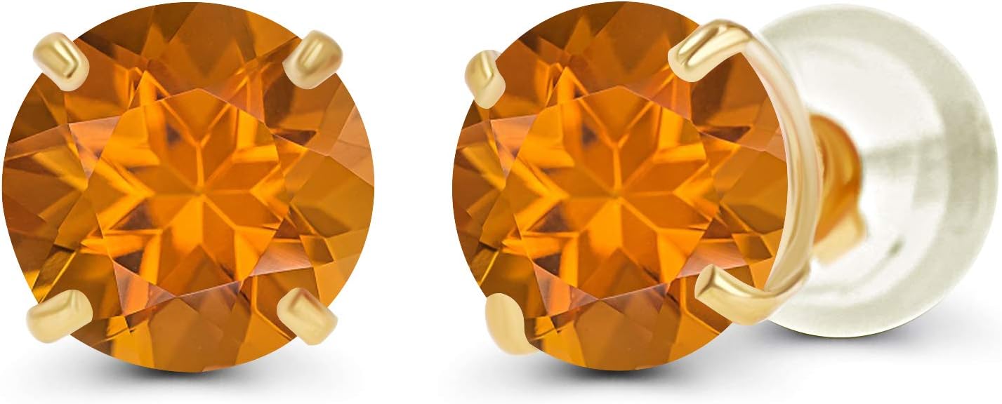 Solid 14K Yellow, White or Rose Gold 4mm Round Genuine Gemstone Birthstone Prong Set Stud Earrings For Women