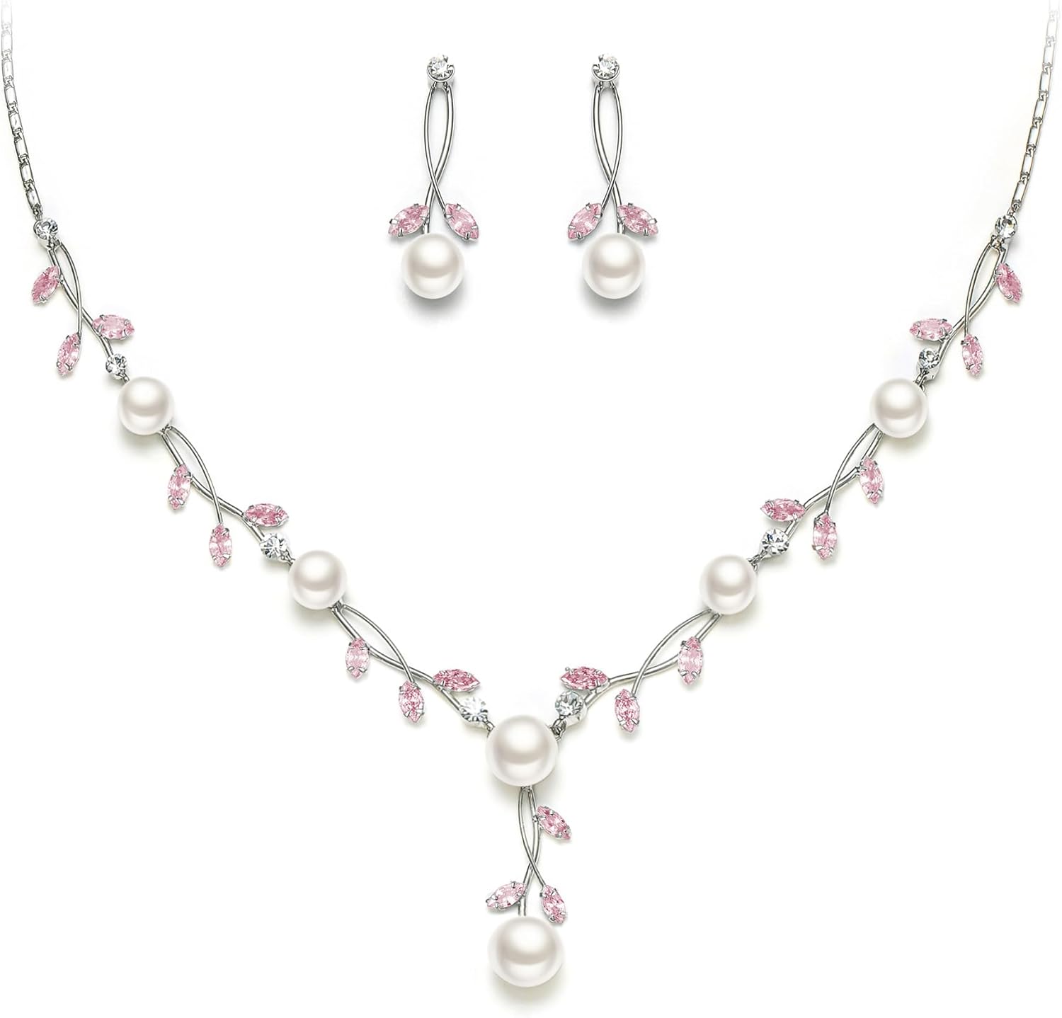 EVER FAITH Wedding Pearl Jewelry for Bride CZ Crystal Simulated Pearls Floral Vine Filigree Bridal Necklace Earrings Set