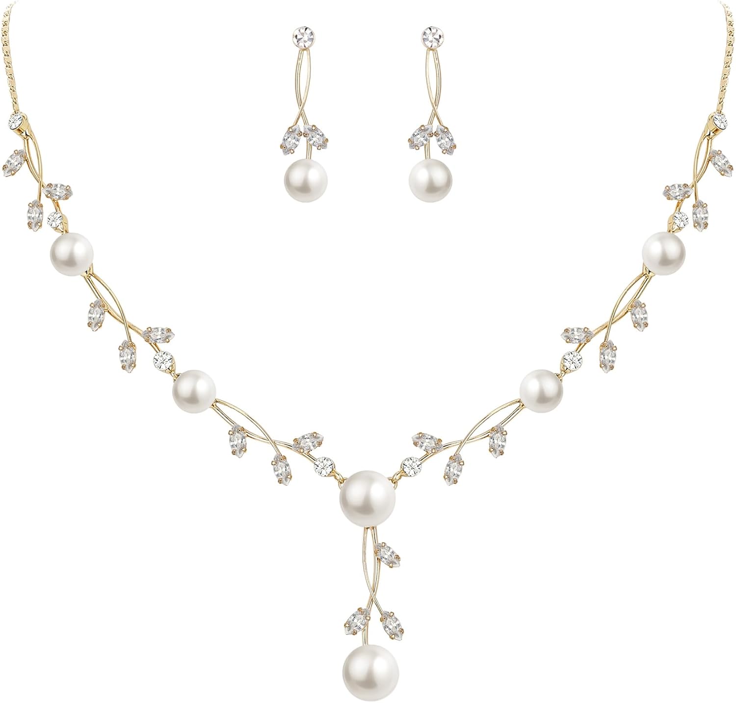 EVER FAITH Wedding Pearl Jewelry for Bride CZ Crystal Simulated Pearls Floral Vine Filigree Bridal Necklace Earrings Set