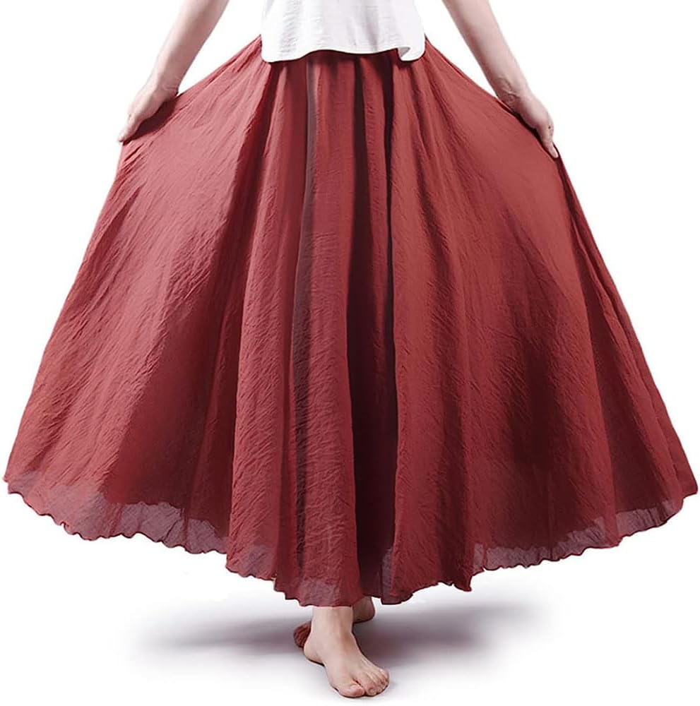 ASHER FASHION Women's Bohemian Style Elastic Waist Band Cotton Linen Long Maxi Skirt Dress