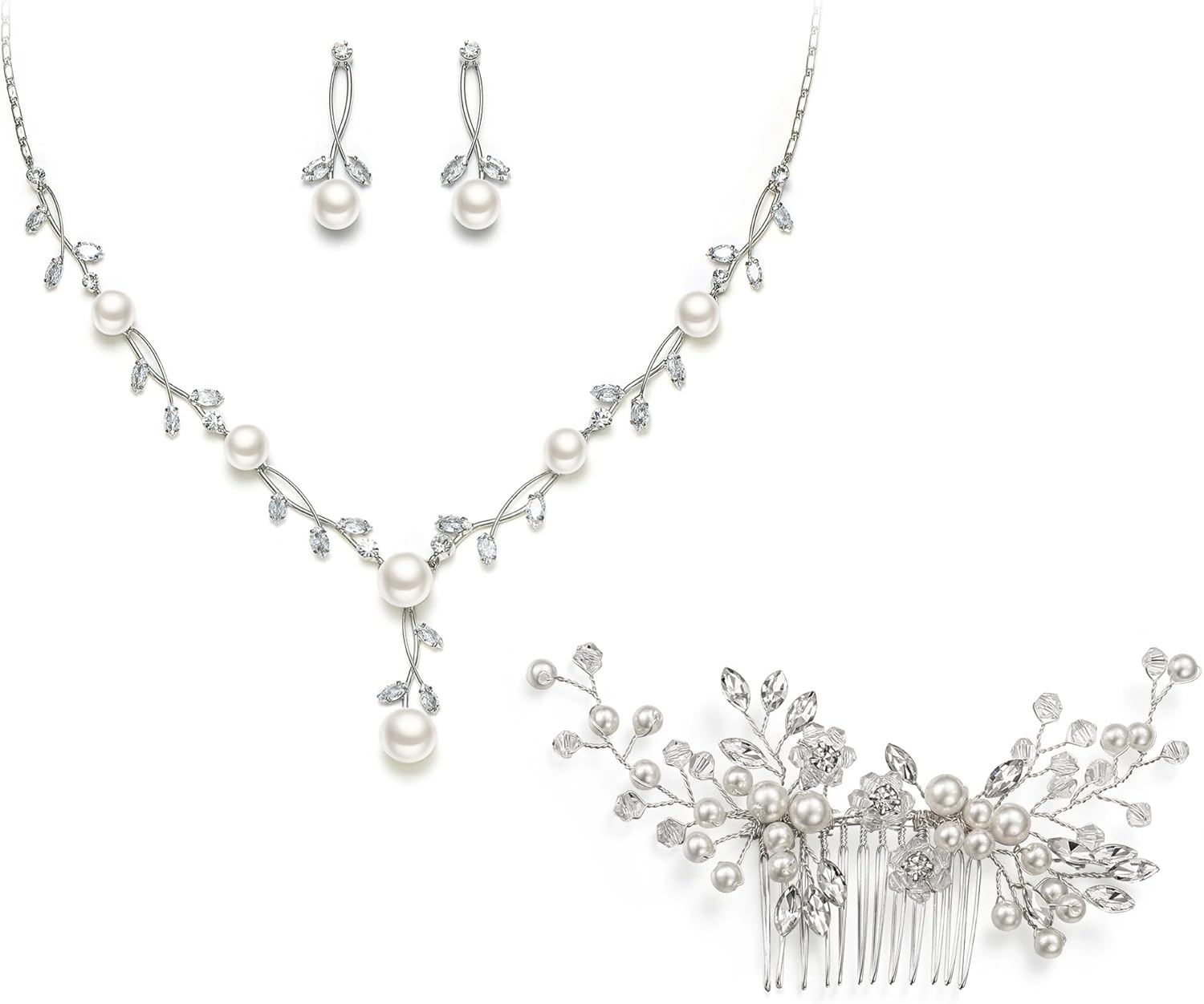 EVER FAITH Wedding Pearl Jewelry for Bride CZ Crystal Simulated Pearls Floral Vine Filigree Bridal Necklace Earrings Set
