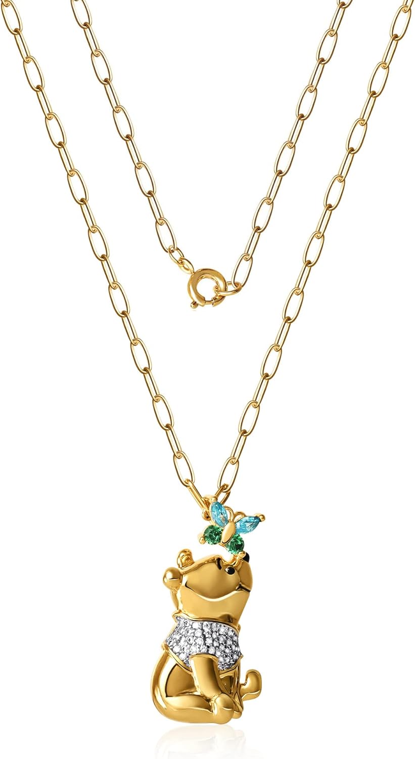 Disney Winnie the Pooh Pendant Necklace Paper Clip Chain 18-Inch - Flash Plated Necklace with Butterfly and Pooh Pendant - Winnie the Pooh Jewelry