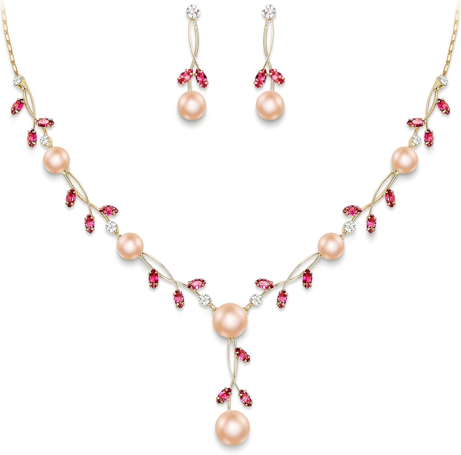 EVER FAITH Wedding Pearl Jewelry for Bride CZ Crystal Simulated Pearls Floral Vine Filigree Bridal Necklace Earrings Set