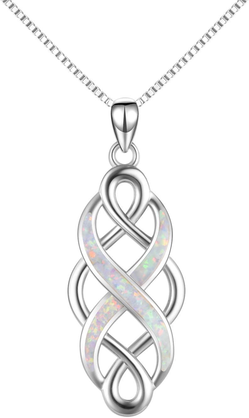 YFN Irish Celtic Knot Created Opal Pendant Necklace Sterling Silver Black Necklaces for Women Men 18"