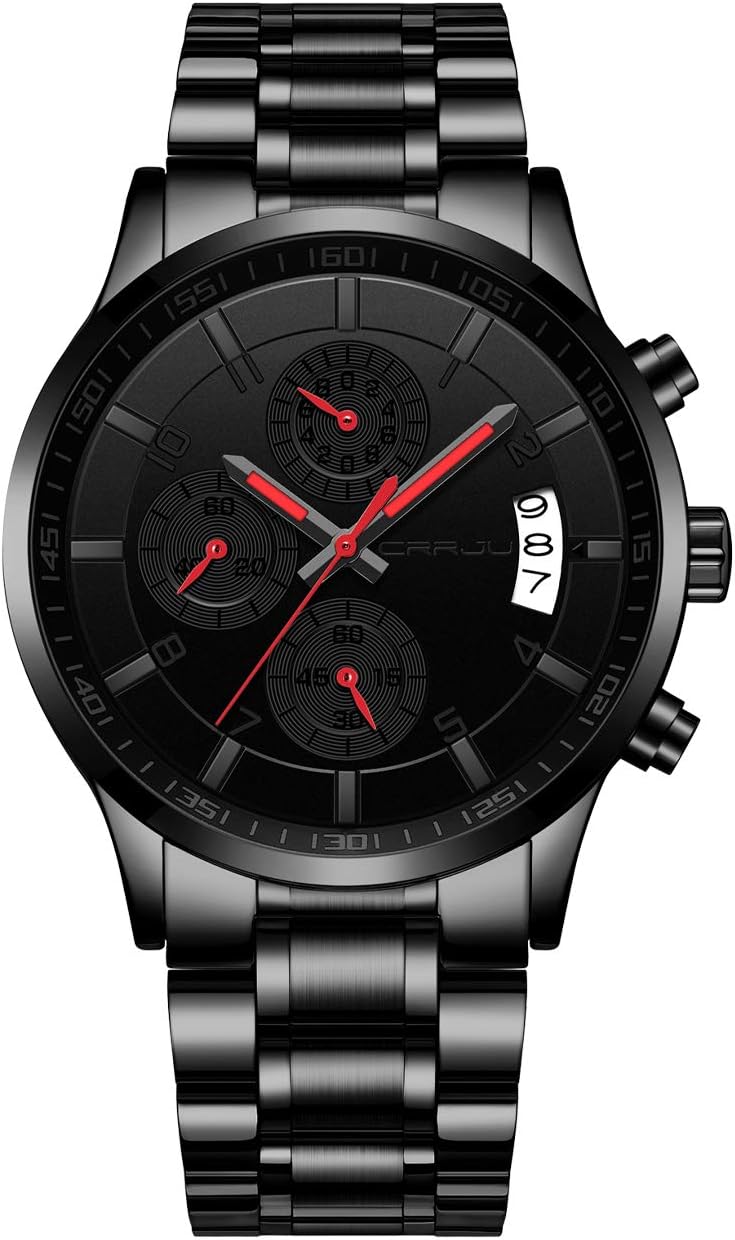CRRJU Men's Fashion Stainless Steel Watches Date Waterproof Chronograph Wristwatches,Stainsteel Steel Band Waterproof Watch