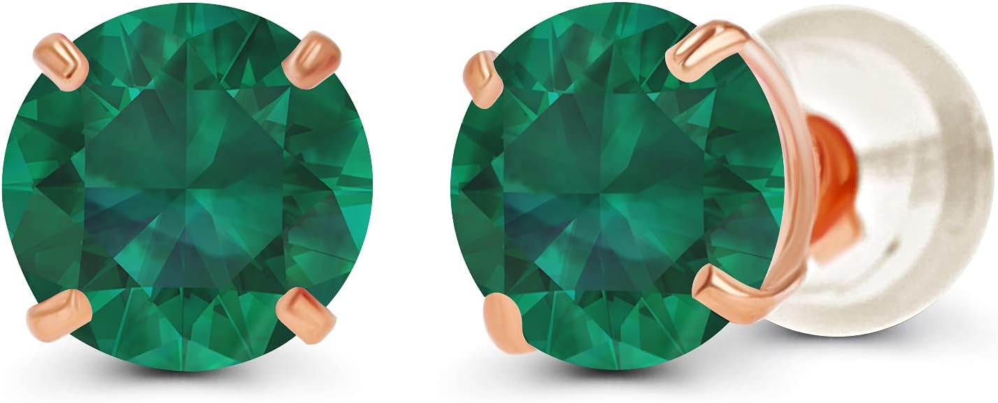 Solid 14K Yellow, White or Rose Gold 4mm Round Genuine Gemstone Birthstone Prong Set Stud Earrings For Women