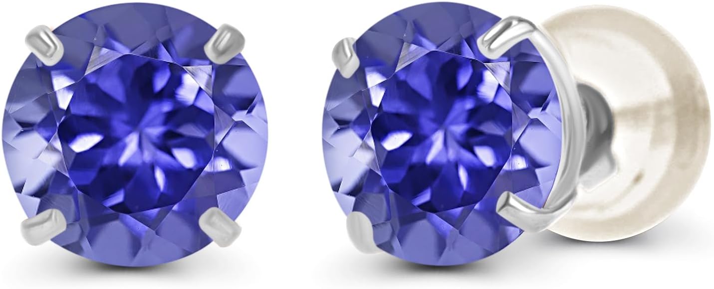 Solid 14K Yellow, White or Rose Gold 4mm Round Genuine Gemstone Birthstone Prong Set Stud Earrings For Women