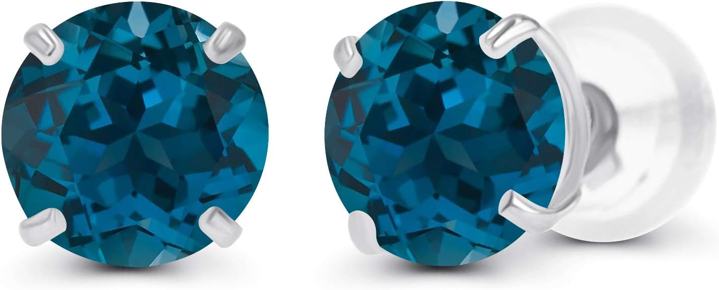 Solid 14K Yellow, White or Rose Gold 4mm Round Genuine Gemstone Birthstone Prong Set Stud Earrings For Women
