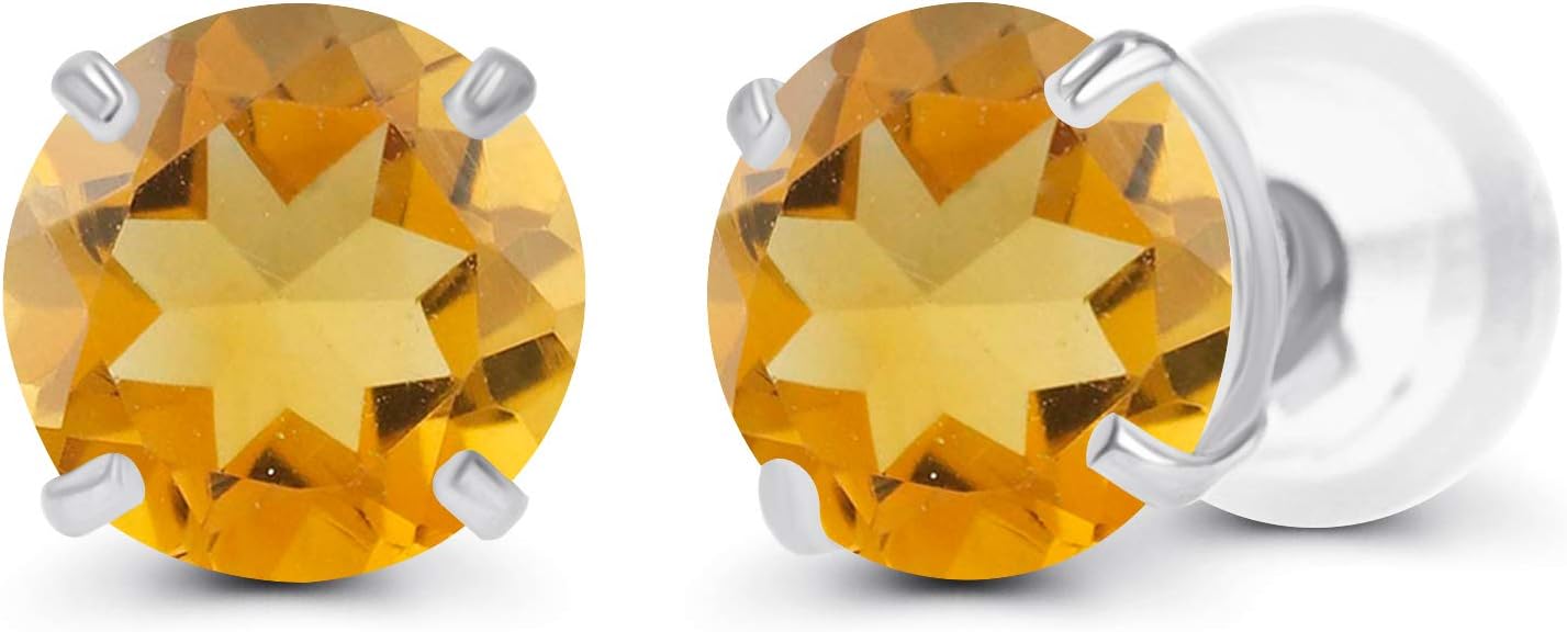 Solid 14K Yellow, White or Rose Gold 4mm Round Genuine Gemstone Birthstone Prong Set Stud Earrings For Women
