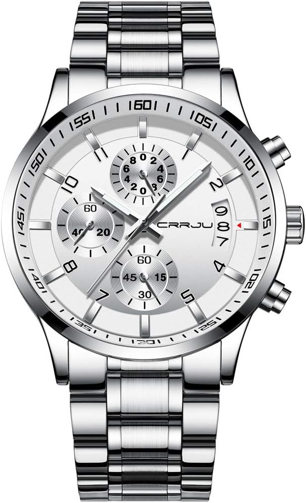CRRJU Men's Fashion Stainless Steel Watches Date Waterproof Chronograph Wristwatches,Stainsteel Steel Band Waterproof Watch