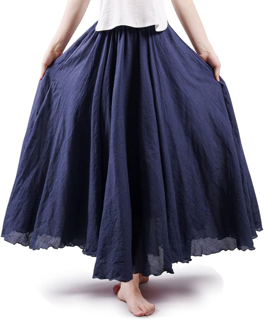 ASHER FASHION Women's Bohemian Style Elastic Waist Band Cotton Linen Long Maxi Skirt Dress