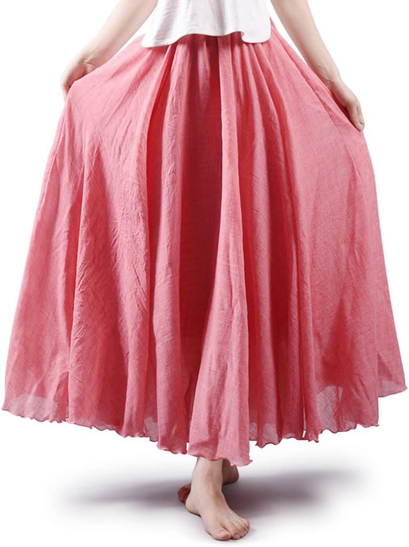 ASHER FASHION Women's Bohemian Style Elastic Waist Band Cotton Linen Long Maxi Skirt Dress