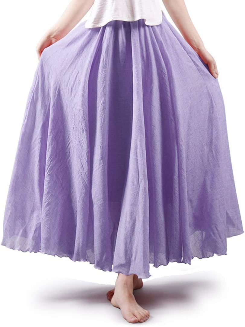 ASHER FASHION Women's Bohemian Style Elastic Waist Band Cotton Linen Long Maxi Skirt Dress