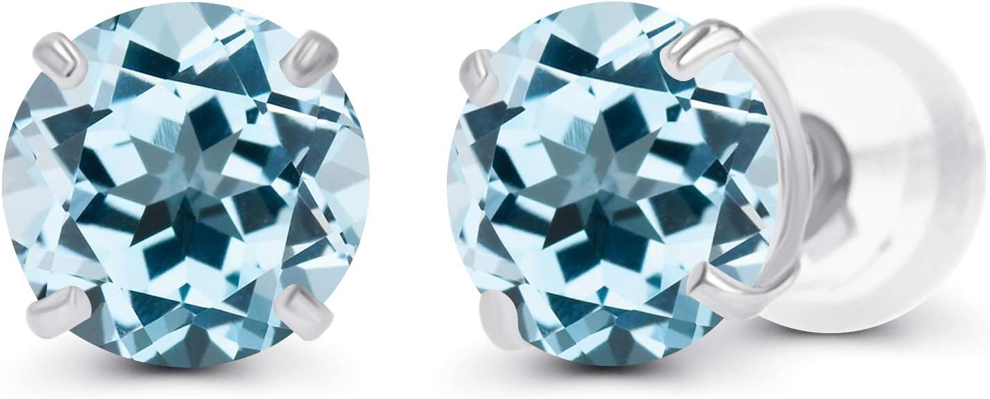 Solid 14K Yellow, White or Rose Gold 4mm Round Genuine Gemstone Birthstone Prong Set Stud Earrings For Women