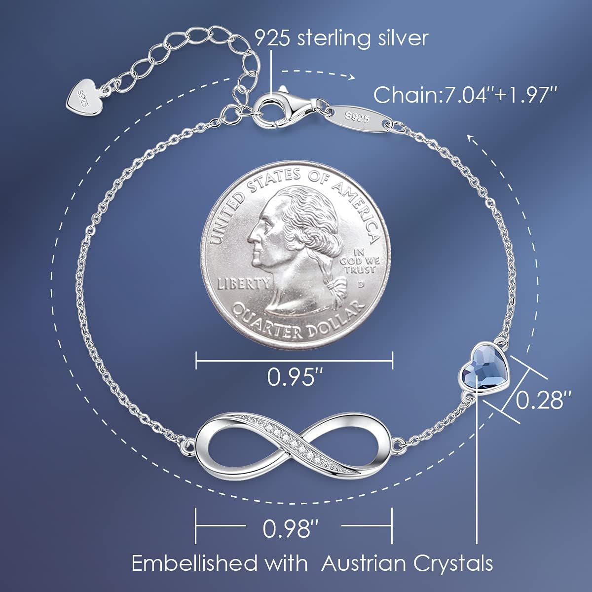 CDE Infinity Heart Birthstone Charm Link Bracelet for Women 925 Sterling Silver Adjustable Mother's Day Gift Anniversary Birthday Jewelry for Wife Girlfriend Her