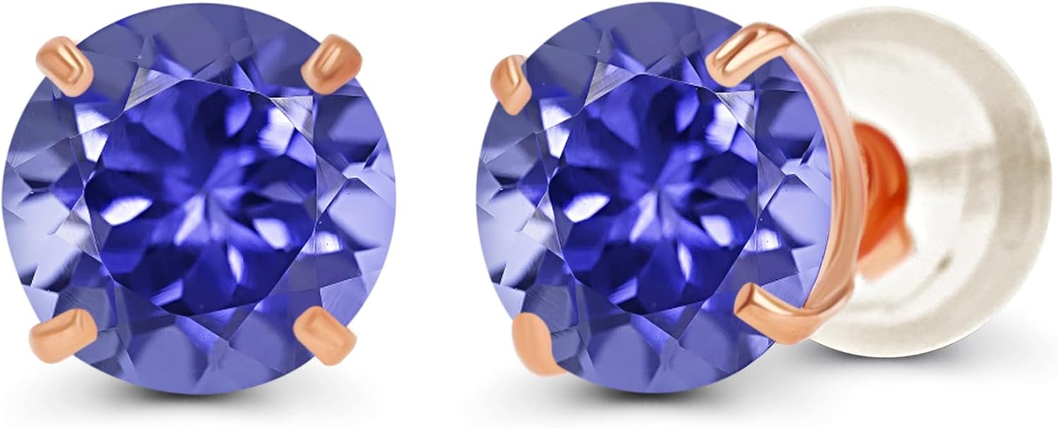 Solid 14K Yellow, White or Rose Gold 4mm Round Genuine Gemstone Birthstone Prong Set Stud Earrings For Women