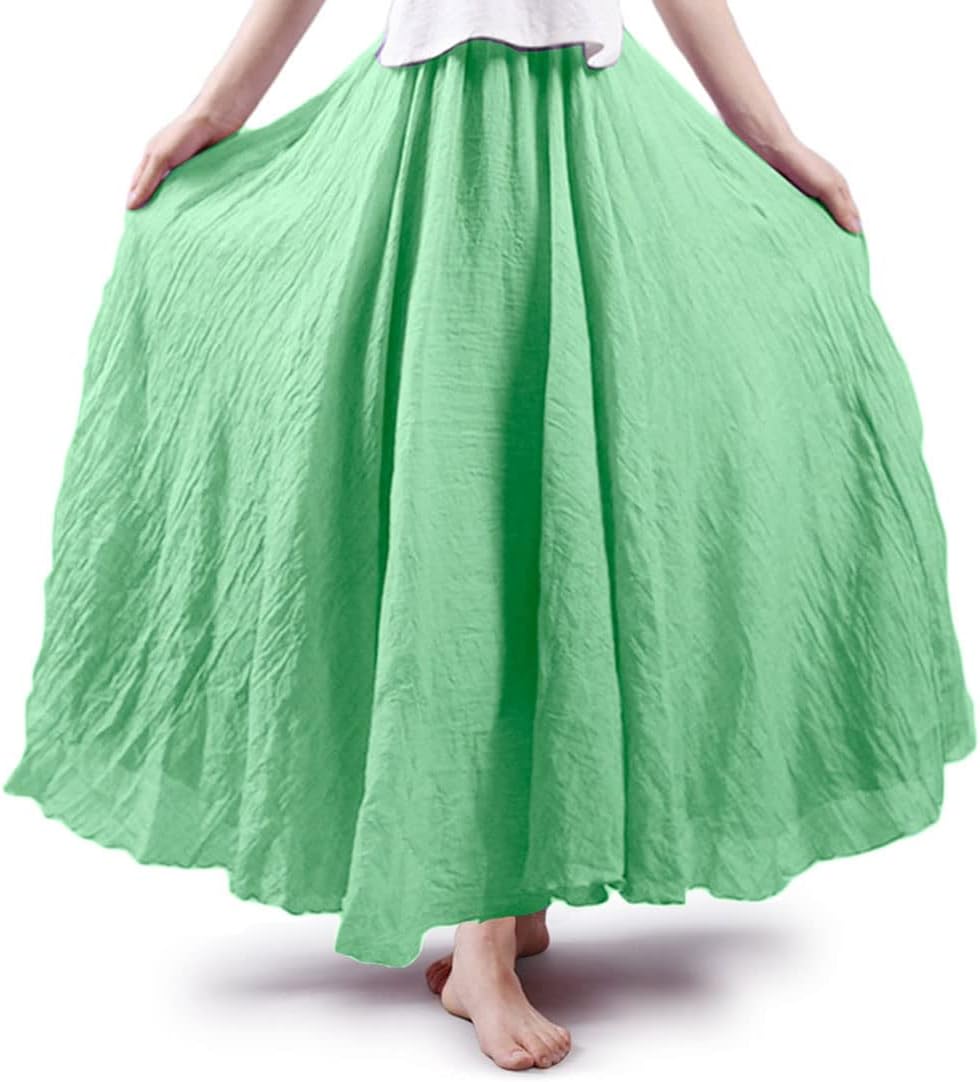 ASHER FASHION Women's Bohemian Style Elastic Waist Band Cotton Linen Long Maxi Skirt Dress