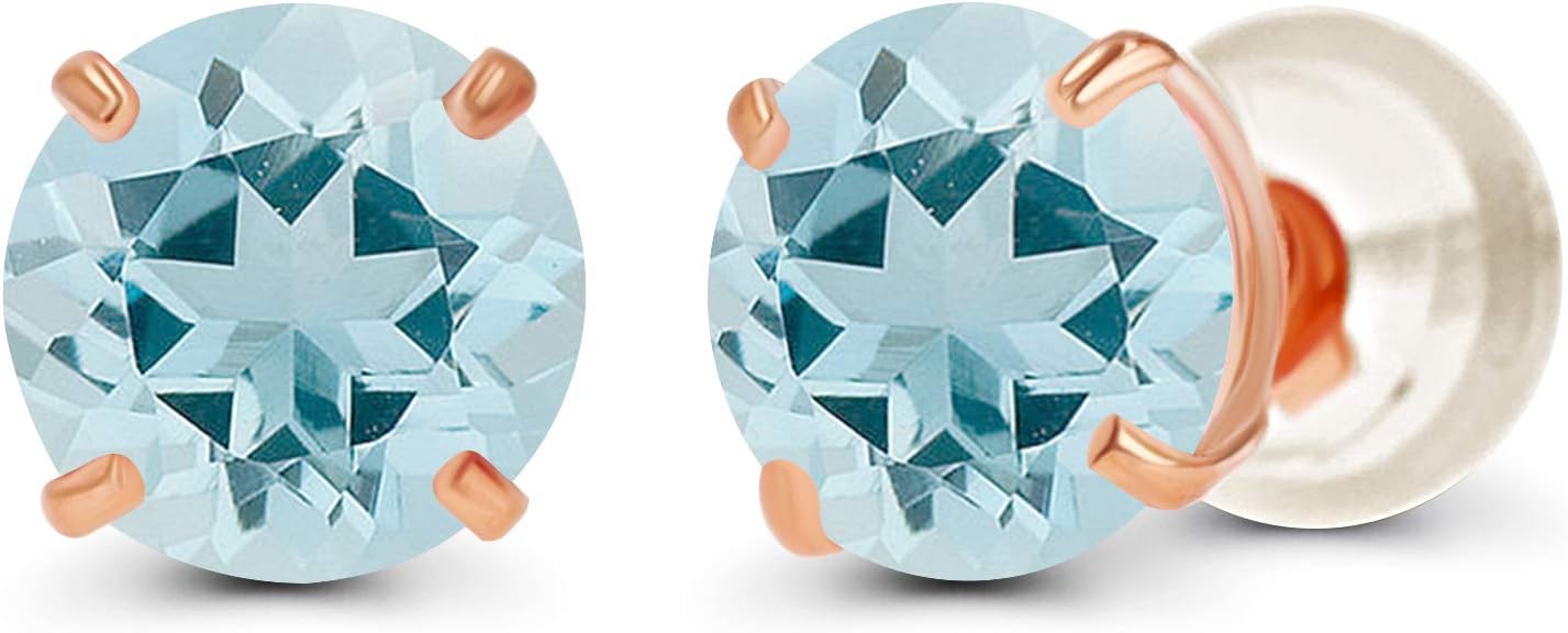 Solid 14K Yellow, White or Rose Gold 4mm Round Genuine Gemstone Birthstone Prong Set Stud Earrings For Women