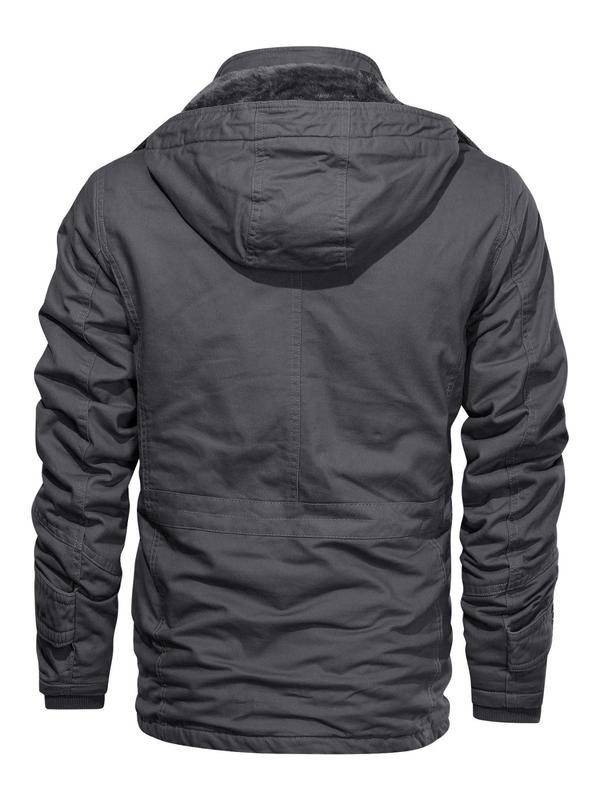 Men's Solid Pocket Zipper Detachable Hood Design Jacket, Regular Fit Casual Long Sleeve Button Hooded Outerwear for Fall & Winter, Men's Clothes for Daily Wear