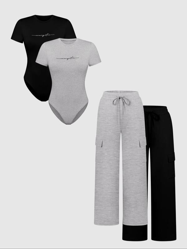 Women's Shortsleeve Bodysuit & Drawstring Waist Pants Set, Fitted Casual Style Round Neck Snap Bodysuit & Pocket Trousers, Minimalist Clothes for All Seasons, Y2k Statement Outfits Set, Womenswear, Basic Casual Matching Yoga Clothes Set