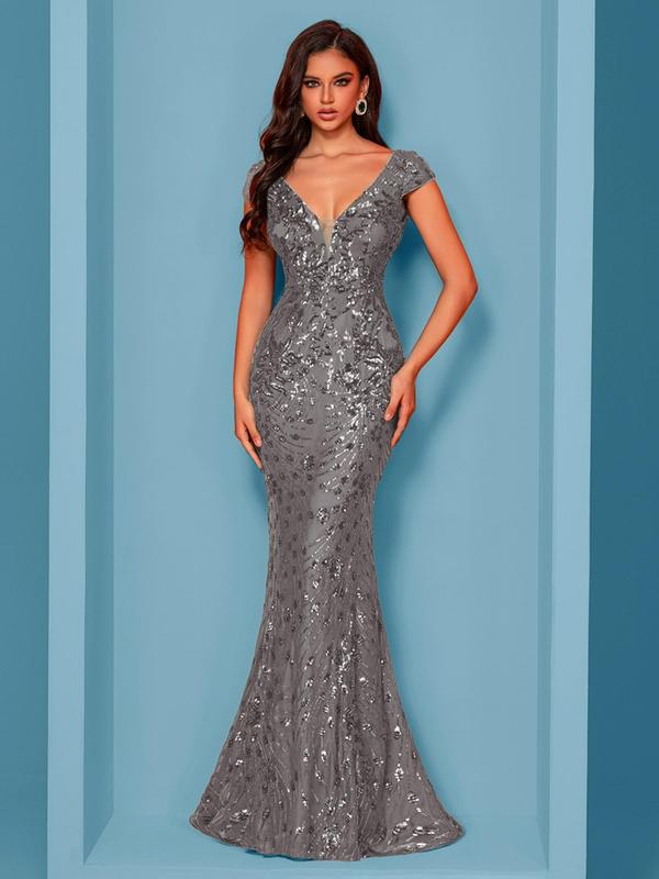 Women's Sequins Mermaid Evening Dress, Elegant V Neck Cap Sleeve Evening Party Gown, Ladies Clothes for Prom Cocktail Banquet Wedding Guest, Formal Wear