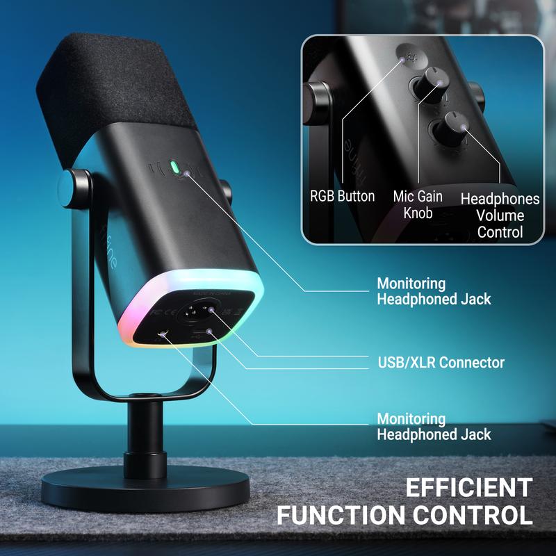 FIFINE AM8 XLR/USB Gaming Microphone for Podcast Recording, Dynamic RGB Mic with Quick Mute, headphone jack, Gain Knob, Volume Control, Desktop Mic for PC Gamer, XLR mic for audio interface mixer, for smartphone