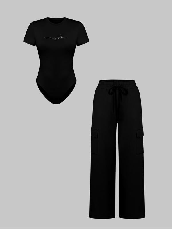 Women's Shortsleeve Bodysuit & Drawstring Waist Pants Set, Fitted Casual Style Round Neck Snap Bodysuit & Pocket Trousers, Minimalist Clothes for All Seasons, Y2k Statement Outfits Set, Womenswear, Basic Casual Matching Yoga Clothes Set