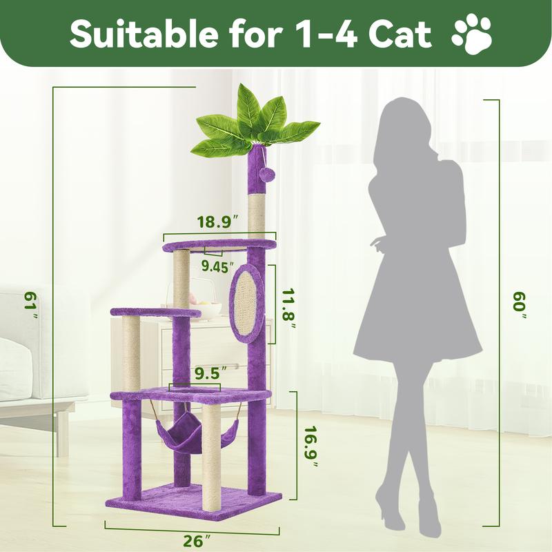 WeCharmer Cat Tree / Tower for Indoor with Green Leaves, Cat Condo Cozy Plush House with Hang Ball, Pet Furniture with Scratching Posts cat tree