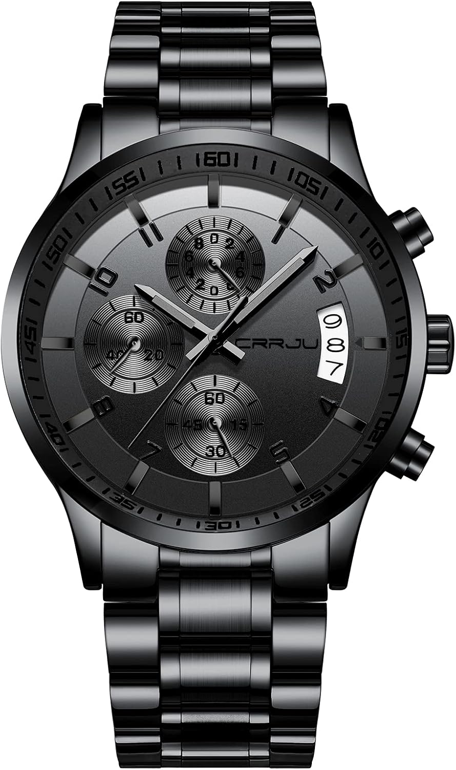 CRRJU Men's Fashion Stainless Steel Watches Date Waterproof Chronograph Wristwatches,Stainsteel Steel Band Waterproof Watch