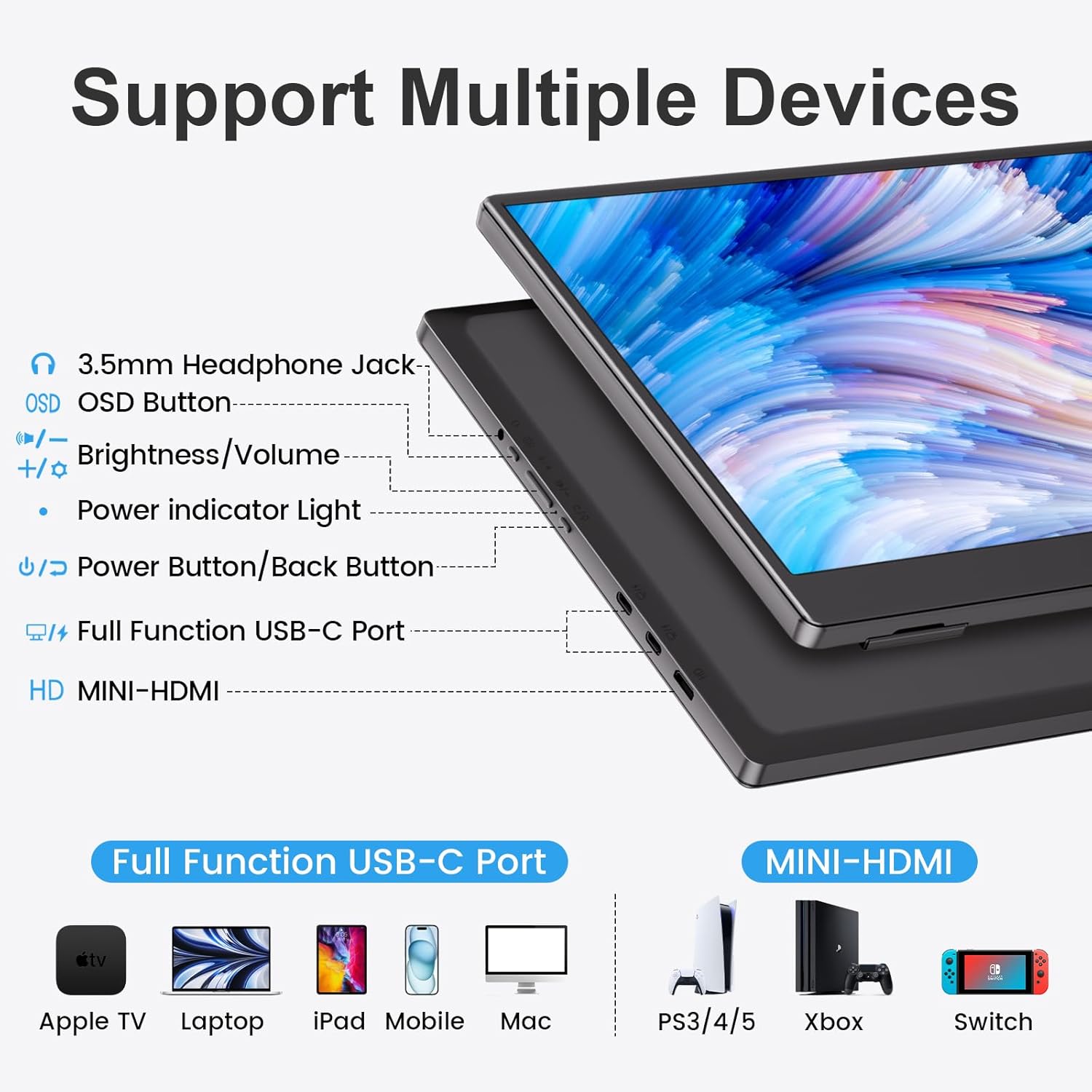 Portable Monitor 15.6-inch FHD 1080P Ultra-Slim Travel External Monitor HDR IPS Gaming Display with Kickstand &Speakers USB-C HDMI Plug&Play,for Laptop PC Phone PS4/5 Xbox Switch