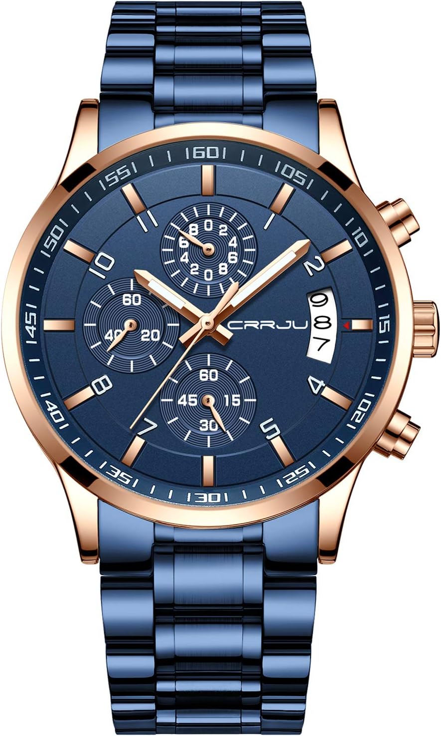 CRRJU Men's Fashion Stainless Steel Watches Date Waterproof Chronograph Wristwatches,Stainsteel Steel Band Waterproof Watch