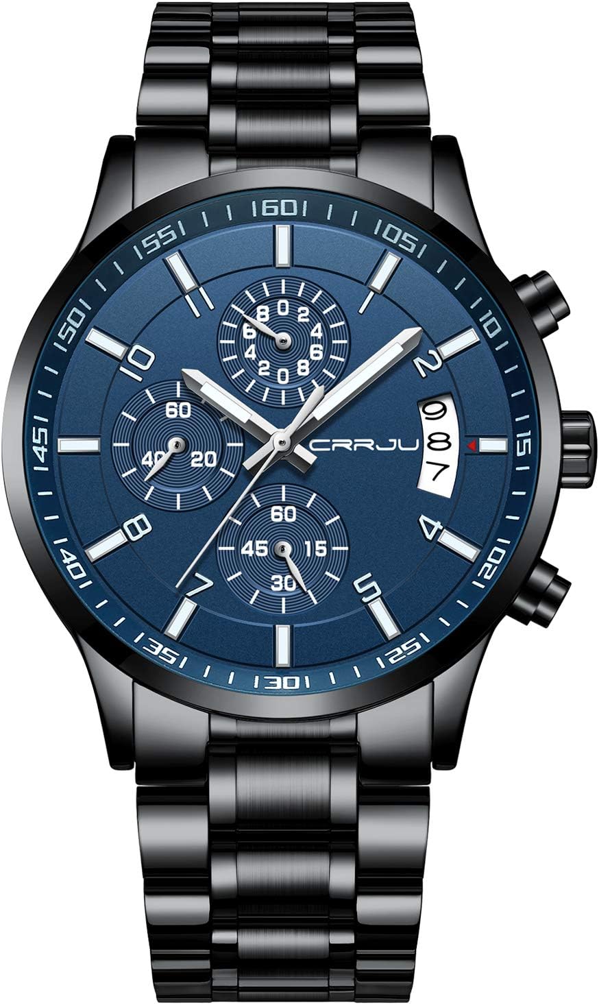 CRRJU Men's Fashion Stainless Steel Watches Date Waterproof Chronograph Wristwatches,Stainsteel Steel Band Waterproof Watch