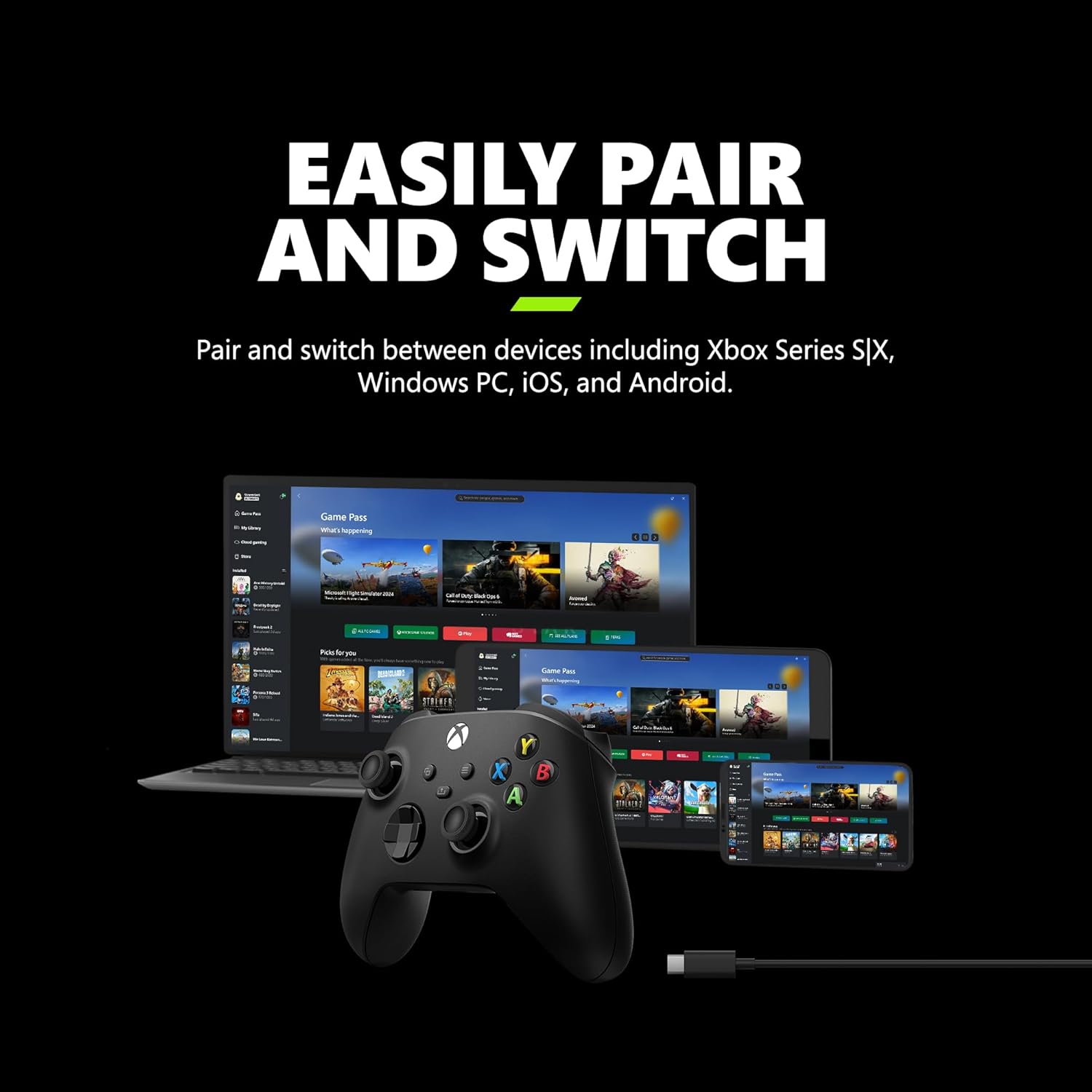 Xbox Core Wireless Gaming Controller + USB-C® Cable – Carbon Black Series X|S, One, Windows PC, Android, and iOS