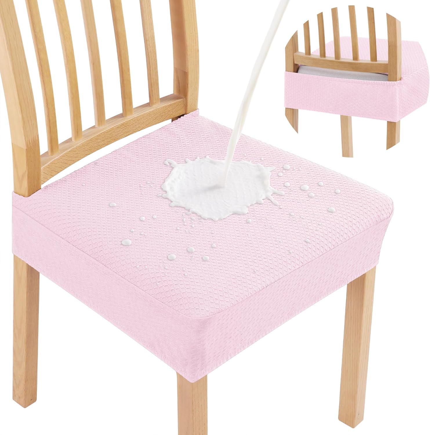 Smiry Waterproof Seat Covers for Dining Room Chairs Set of 6, Stretch Jacquard Removable Washable Chair Seat Slipcovers Protector, No Rear Covers, Beige