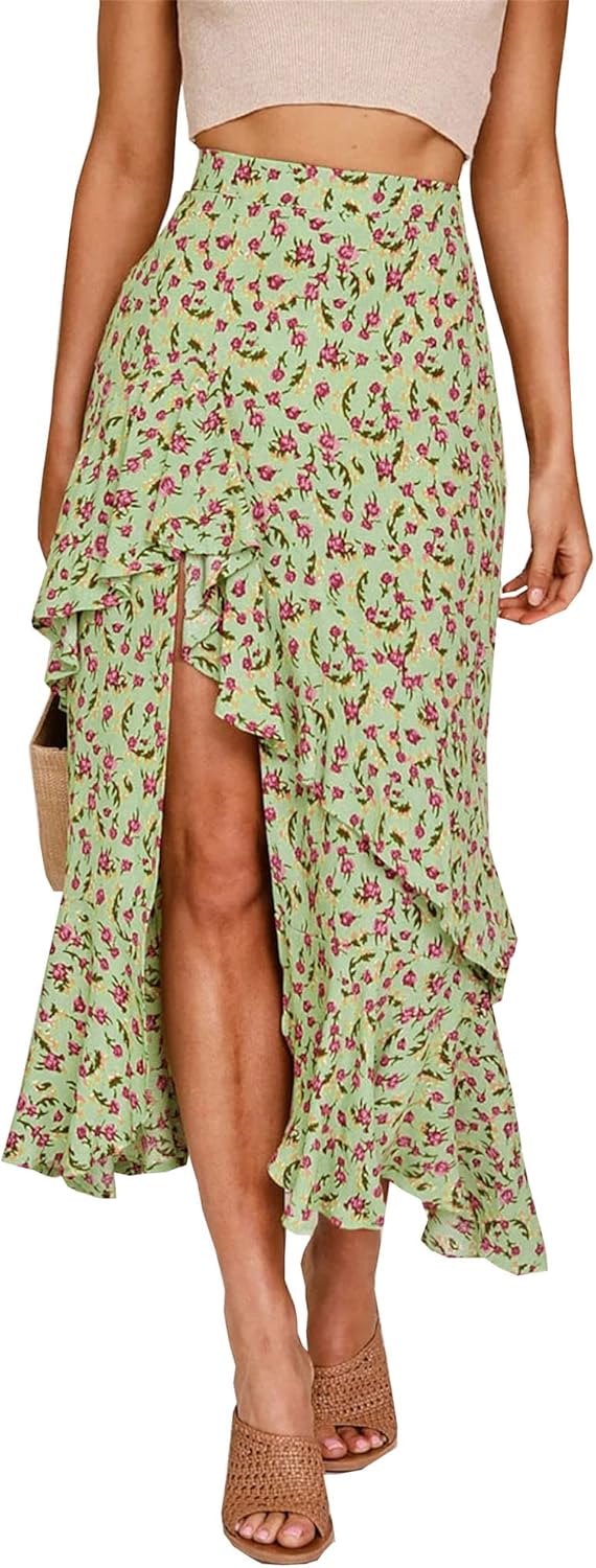 BTFBM Women 2025 Summer Fall Boho Long Skirts Dress Floral Print Elastic Waist Split Ruffle High Low Beach Maxi Skirt
