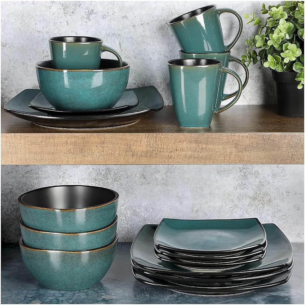 Gibson Elite Soho Lounge 16 Piece Reactive Glaze Dinnerware Set, Soft Square, Teal Green, Service for 4 (16pc)