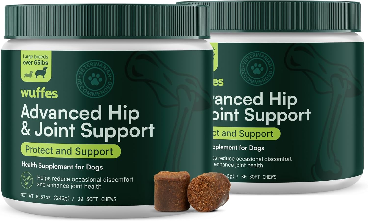 Wuffes Advanced Dog Hip and Joint Supplement with Glucosamine, Chondroitin, Omega 3, MSM, and Green Lipped Mussel, 30 Pork Flavored Chews for Large Dog Breeds