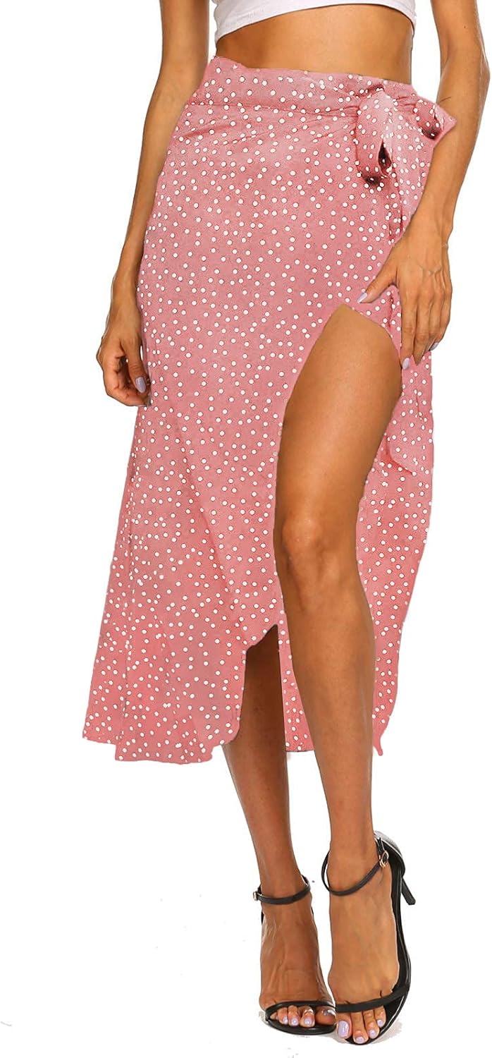 Newchoice Women's Boho Leopard Skirt High Low Split Summer Beach Midi Wrap Skirts